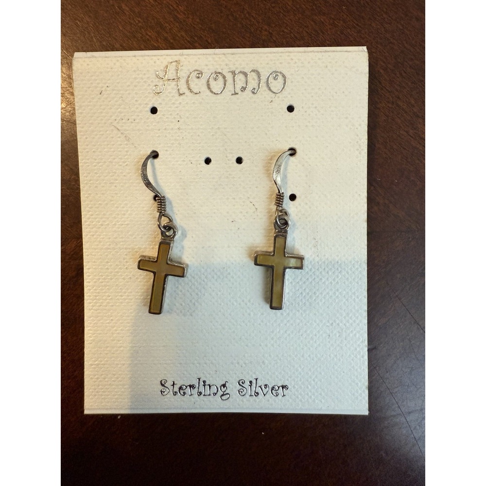 VTG Sterling Silver Cross Dangle Earrings Mother of Pearl‎ 925